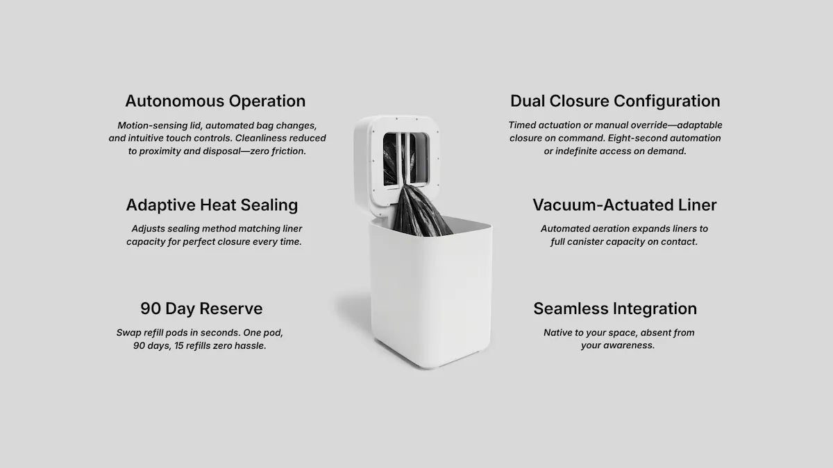 White container with text detailing features on a gray background